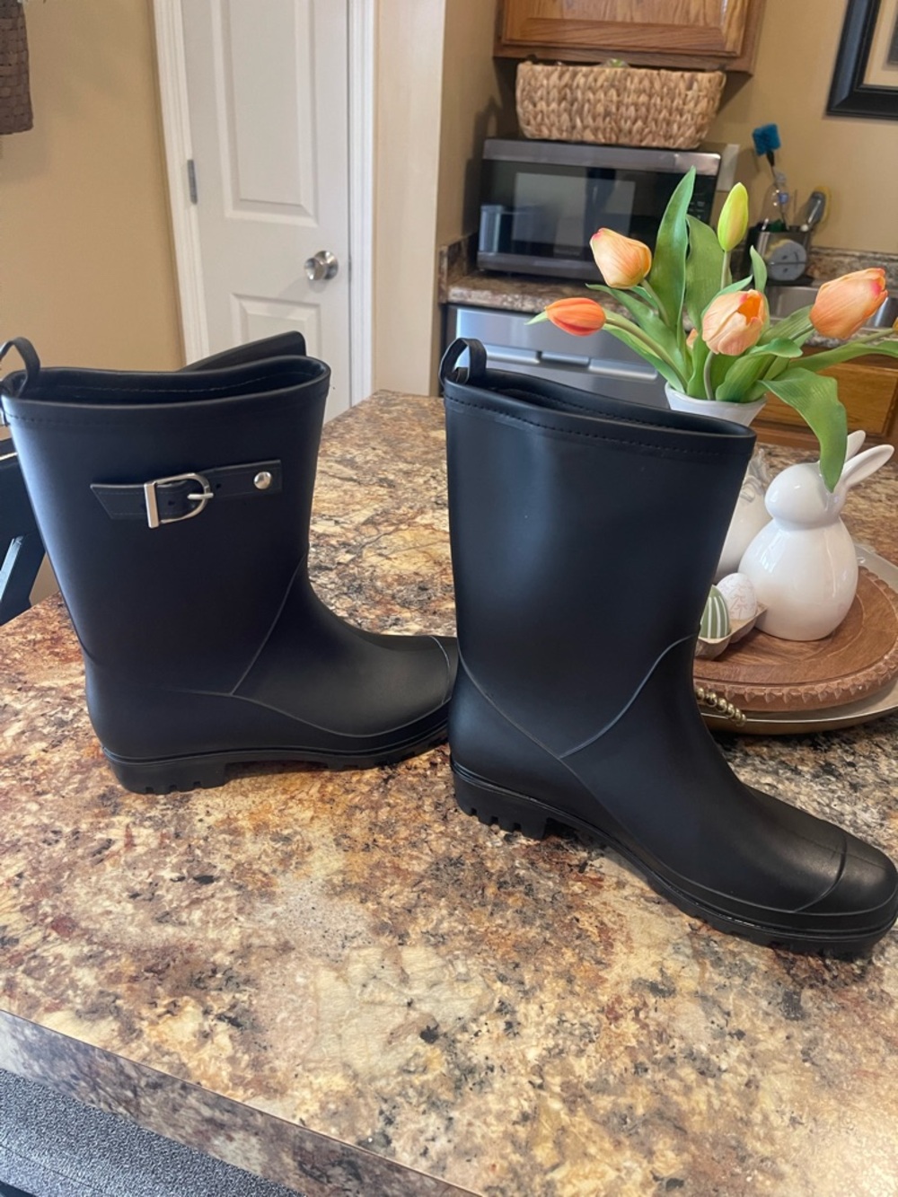 Capelli of New York Black Mid-Calf Rain Boots with Buckle Detail